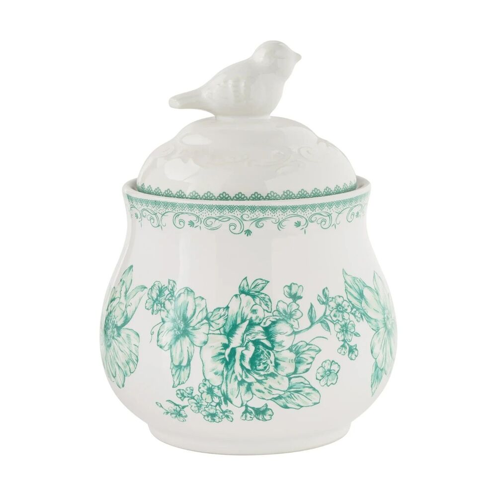 Pioneer Woman Agatha Sugar Bowl Green Stoneware Lid Floral Bird Handle Gift NEW